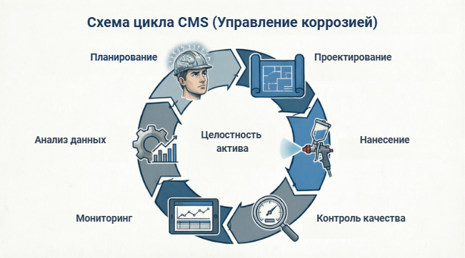 Схема цикла системы управления коррозией (CMS): планирование, проектирование, нанесение, контроль, мониторинг и анализ данных