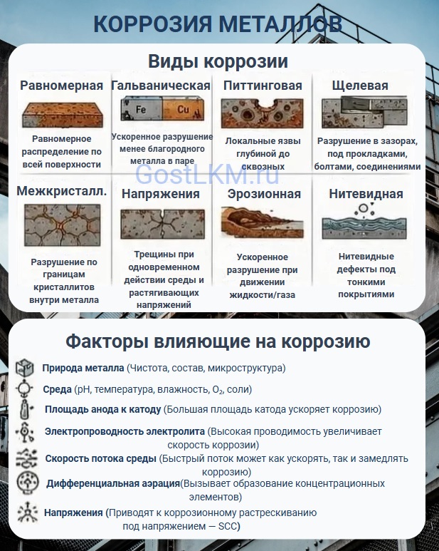 Инфографика: 8 основных видов коррозии металлов (питтинг, щелевая, МКК, эрозия) и 7 факторов, влияющих на скорость разрушения (влажность, соли, напряжения, дифференциальная аэрация)