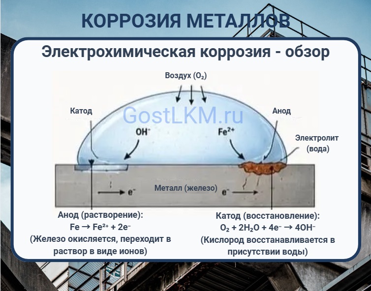 Схема электрохимической коррозии металлов: анодное растворение железа и катодное восстановление кислорода в капле электролита